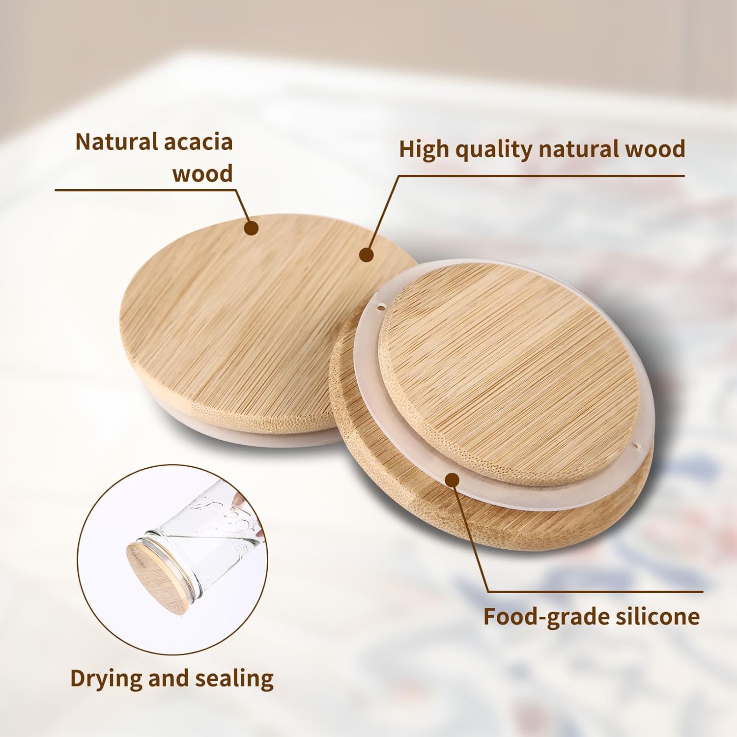DingCo Reusable Mason Jar Lids Acacia Wood Silicone Sealing 8PCS Wide Mouth