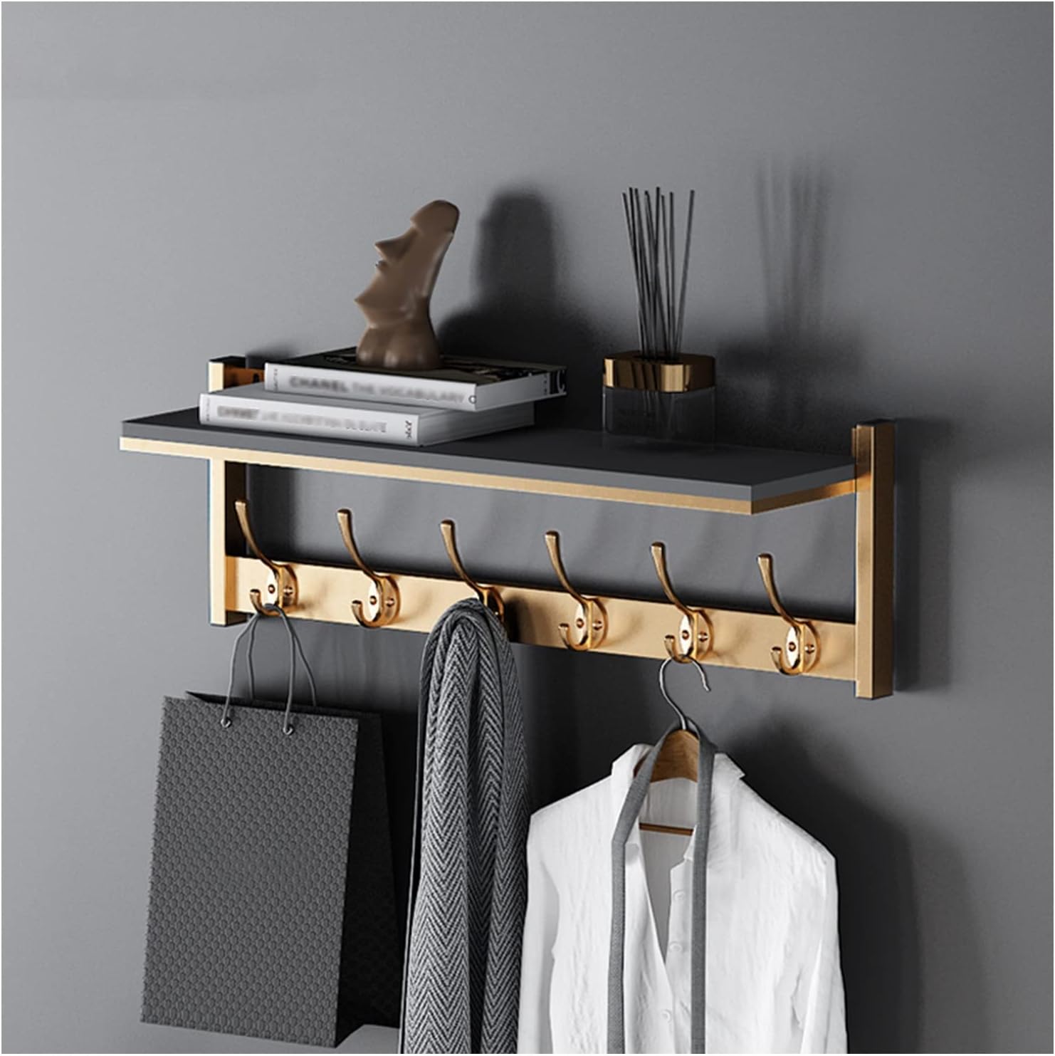 Gold And Grey Wall Mounted Coat Rack with 6 Hooks