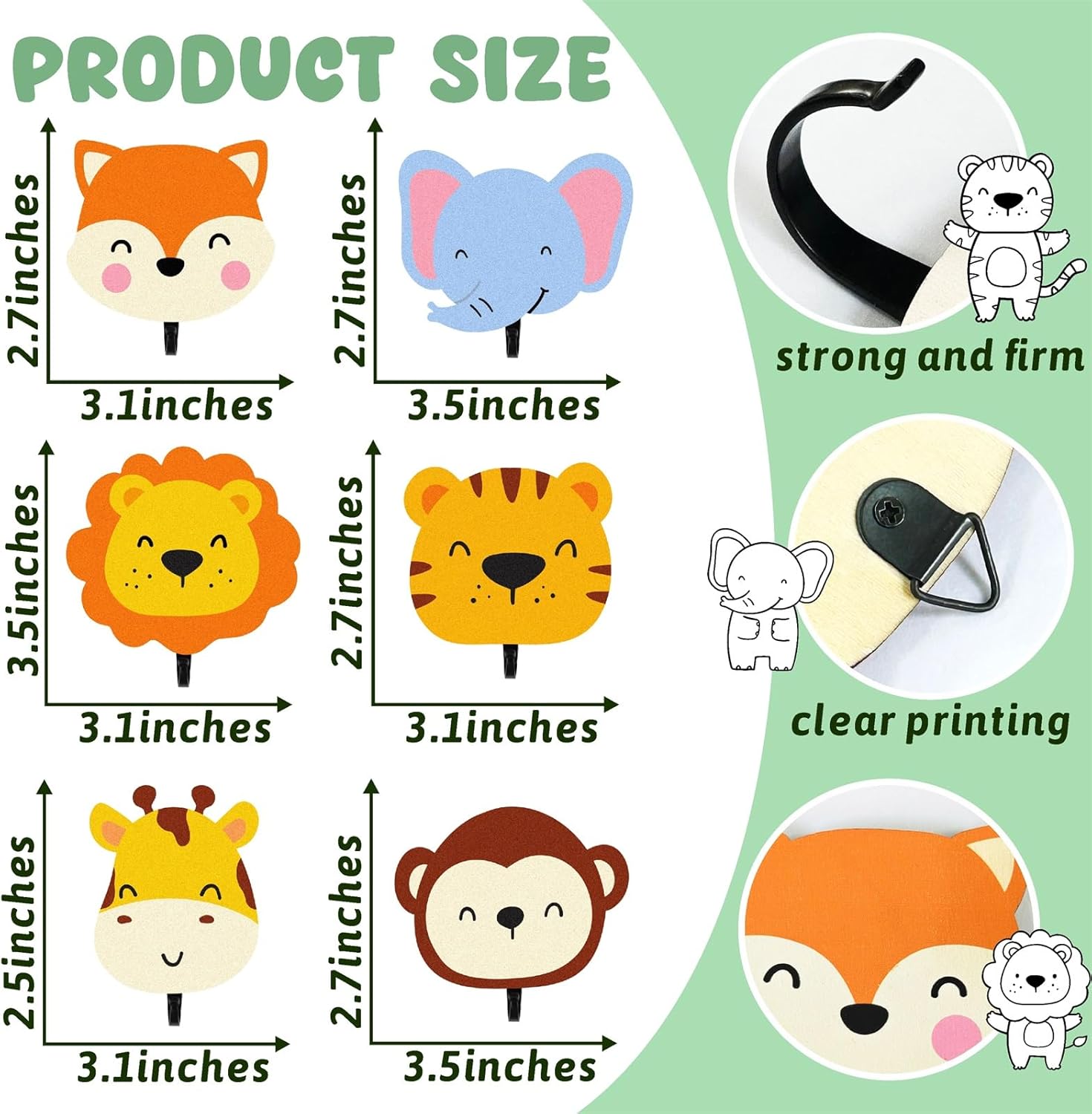 6Pcs Kids Safari Animal Coat Hooks for Wall