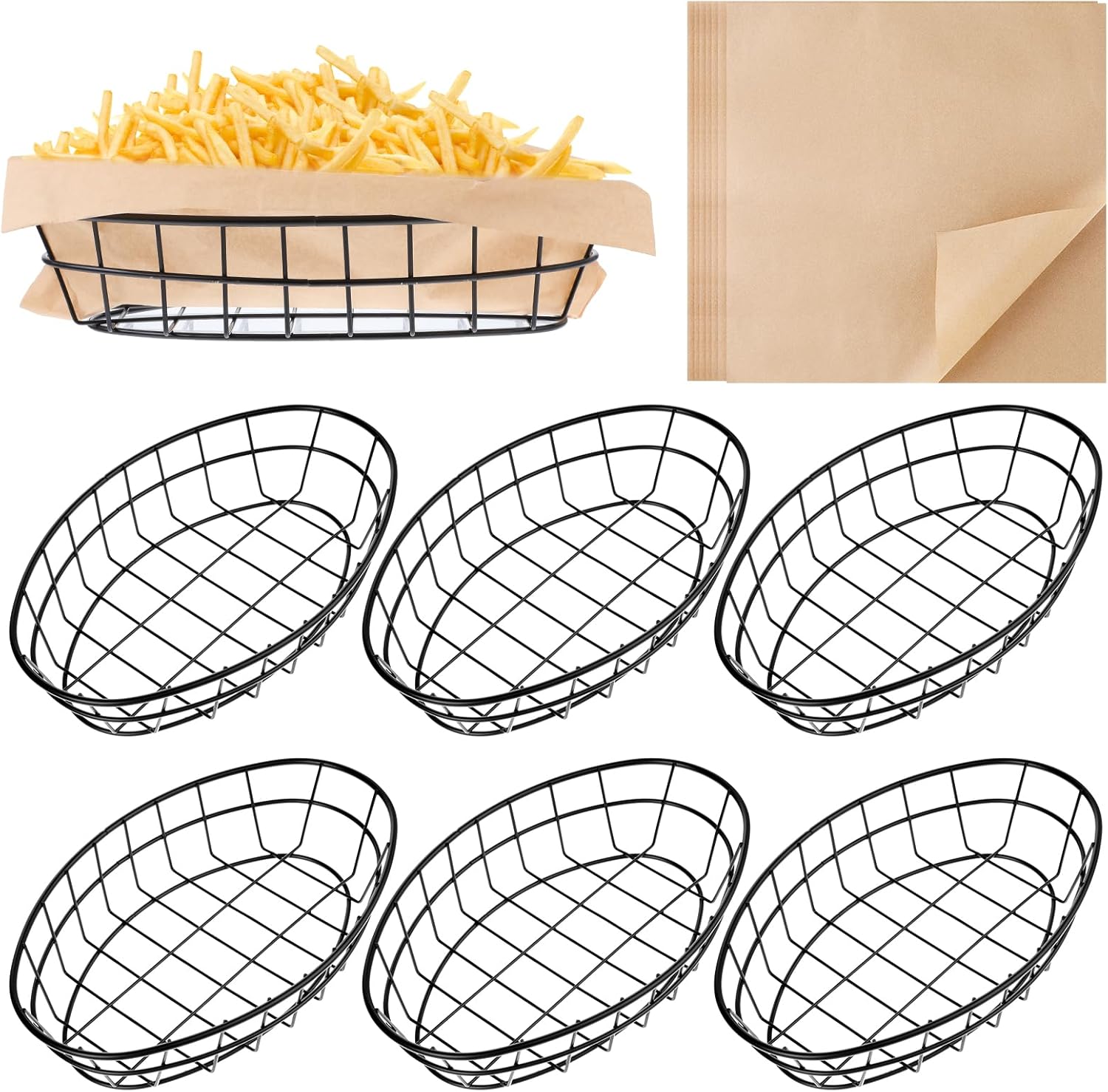 6 Pcs Metal Wire Bread Baskets with 100 Sheets Deli Wrappers