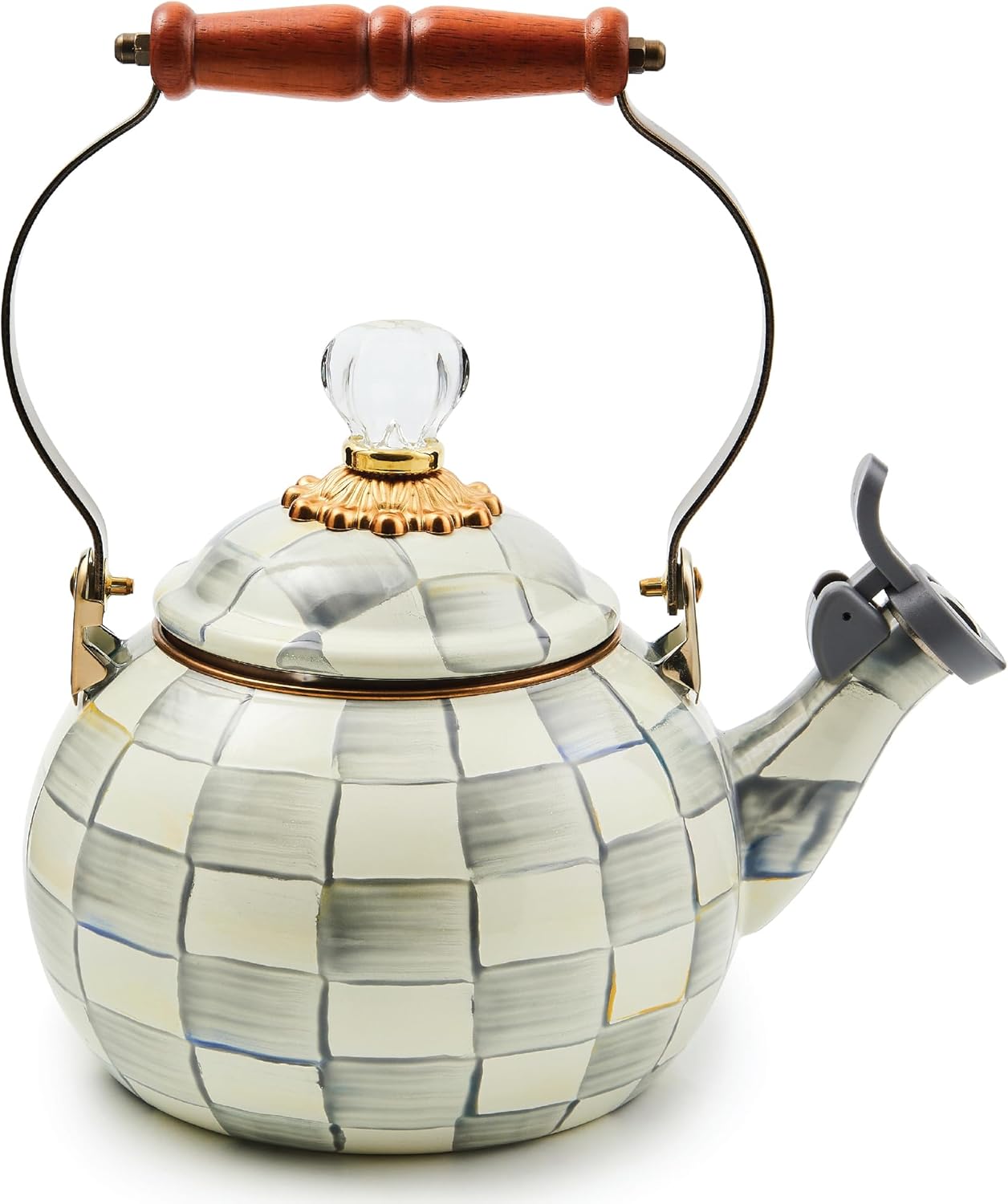 Mackenzie-Childs Enamel Whistling Tea Kettle Gray and White Sterling Check