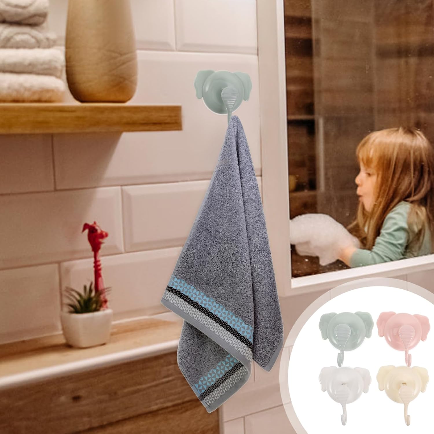 ABOOFAN 4pcs Cartoon Elephant Suction Cup Hooks for Bathroom Kitchen