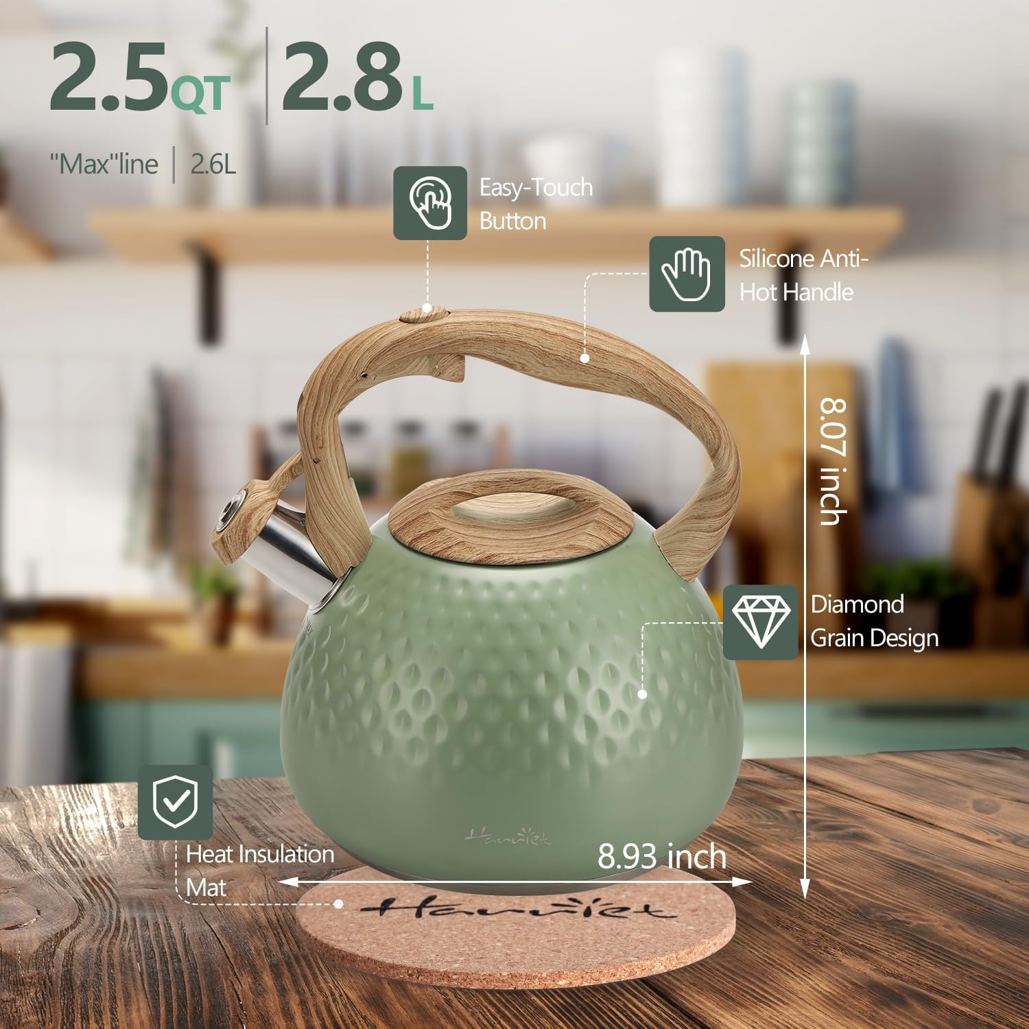 Harriet Tea Kettle 25QT Whistling with 5-Layer Bottom Green