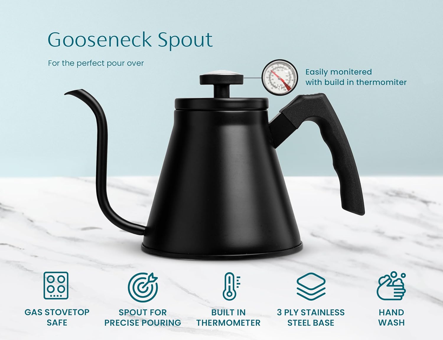 Kook Gooseneck Kettle with Thermometer 27 oz Black