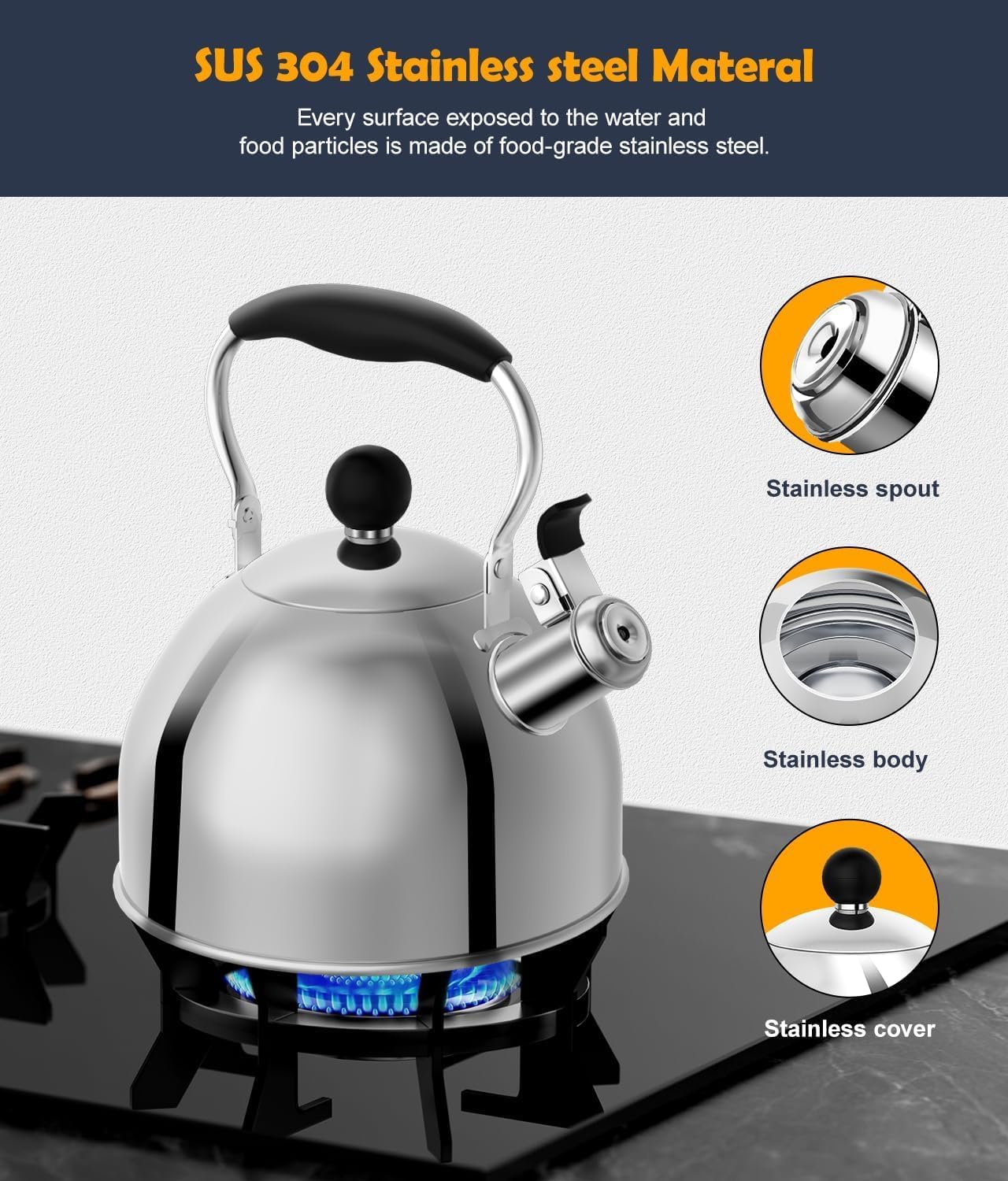AMFOCUS 2 Quart Whistling Tea Kettle with Folding Handle