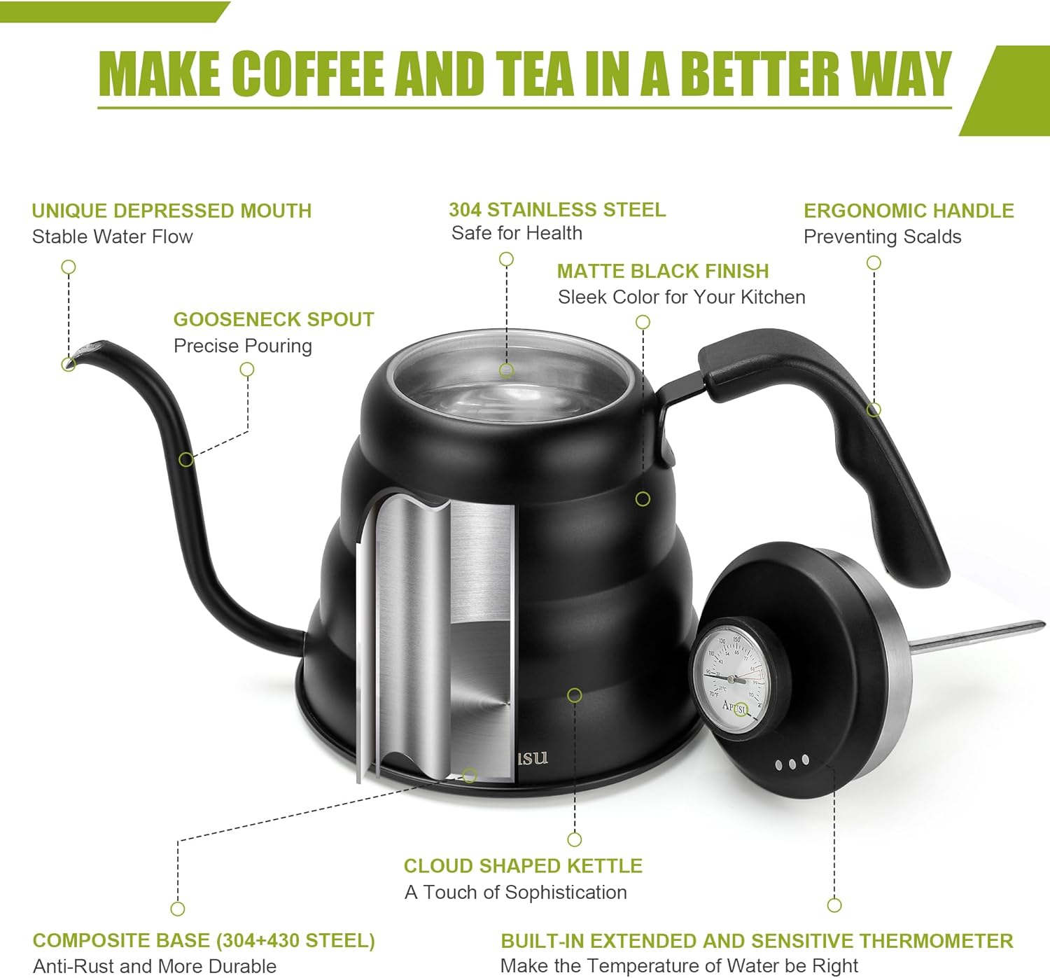 Apusu 40oz Gooseneck Tea Kettle with Thermometer
