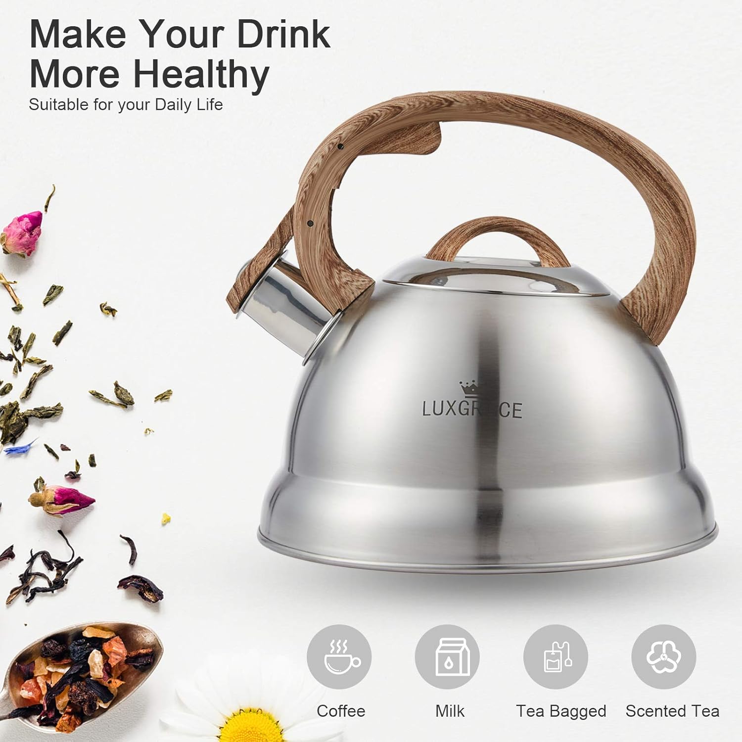 LUXGRACE 23 Qt Whistling Tea Kettle with Wood Handle