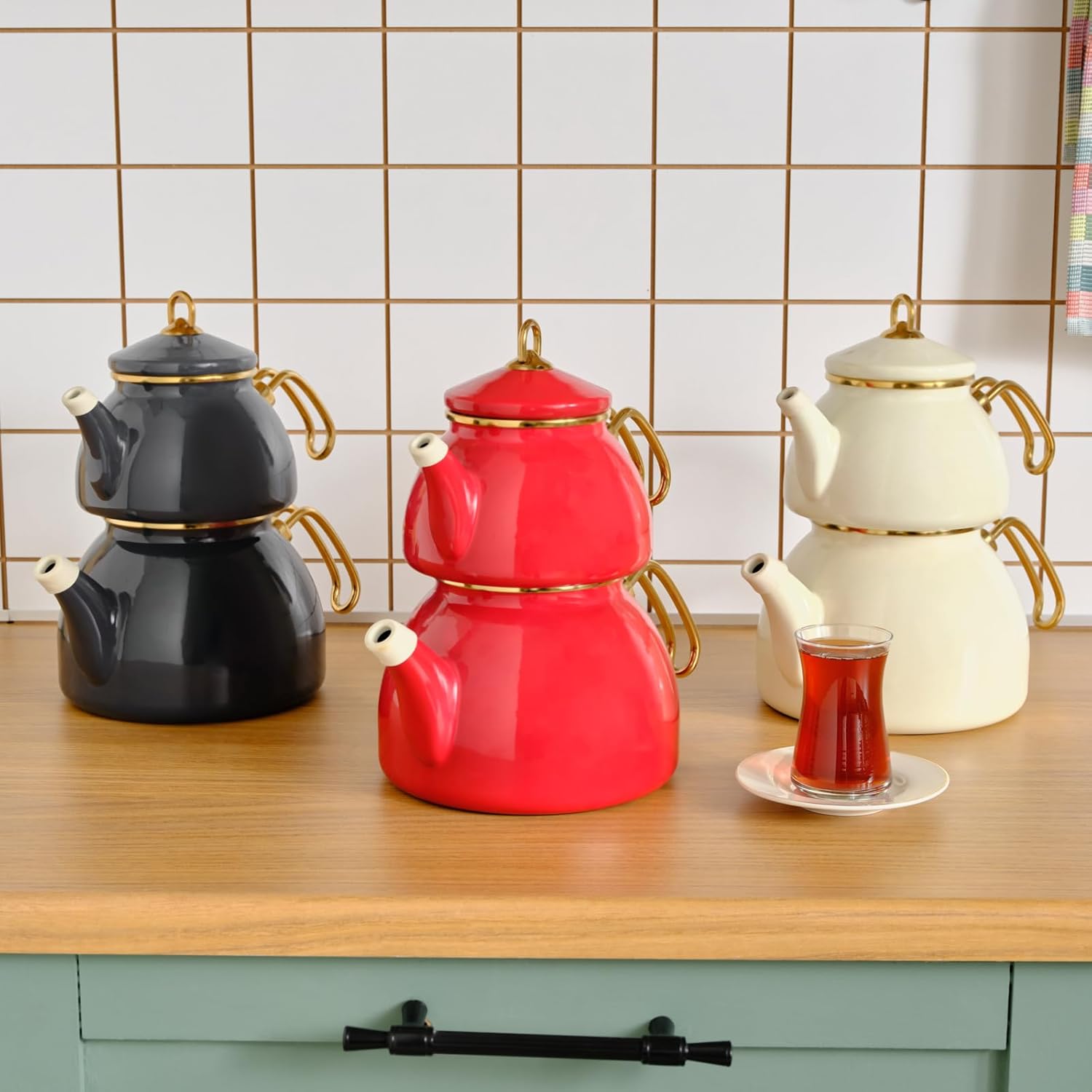 KARACA Retro Teapot Set with Enamel and Titanium Handles