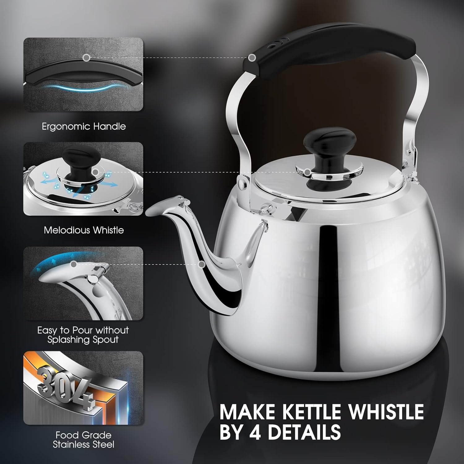 Tohsssik 2L Whistling Tea Kettle Stainless Steel
