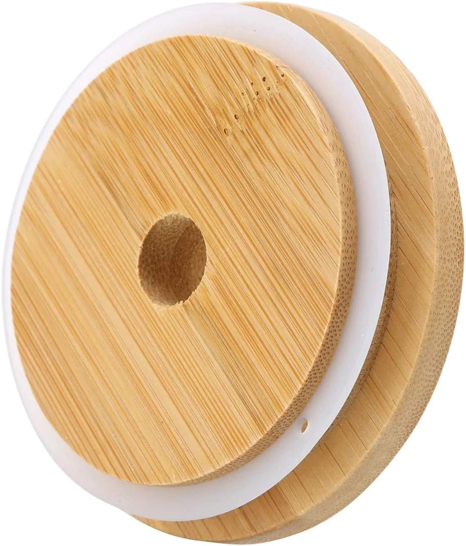 TOUSHI 4Pcs Bamboo Mason Jar Lids with Straw Hole