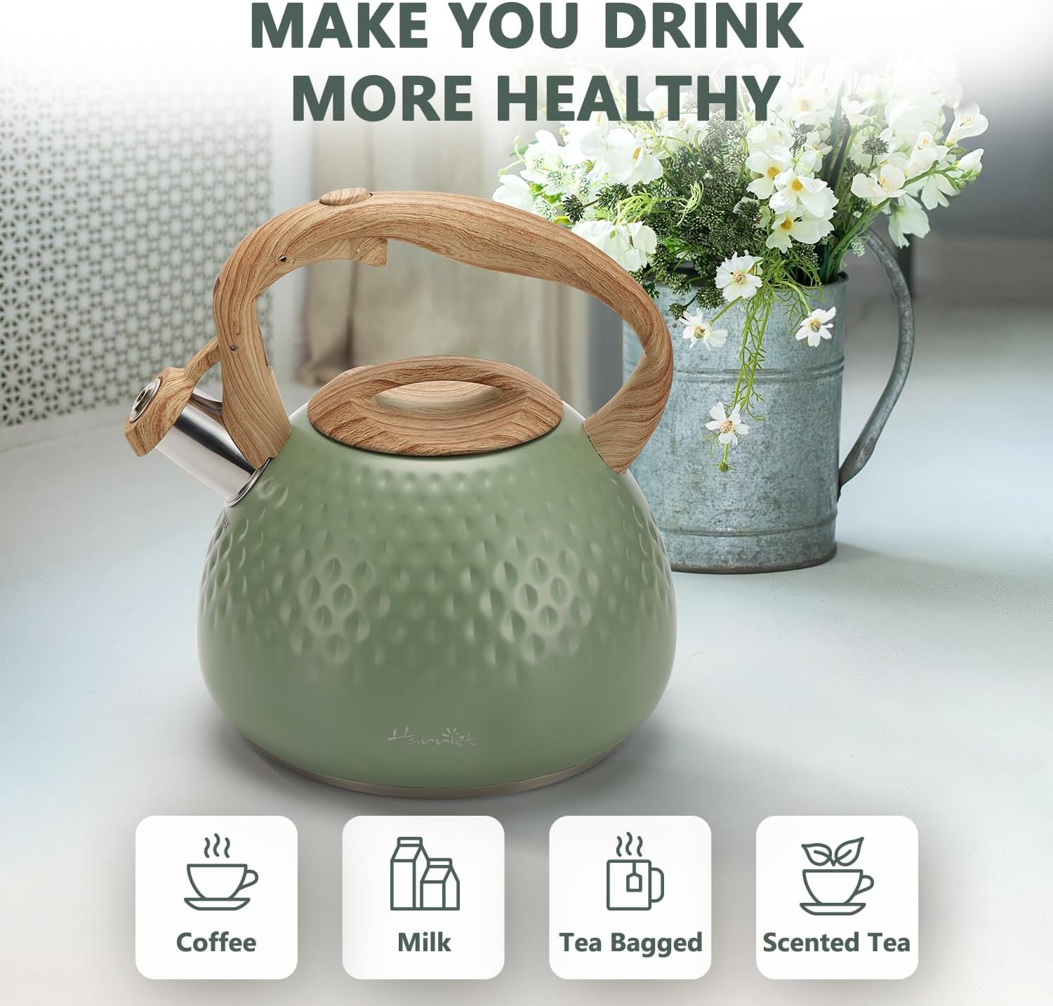Harriet Tea Kettle 25QT Whistling with 5-Layer Bottom Green