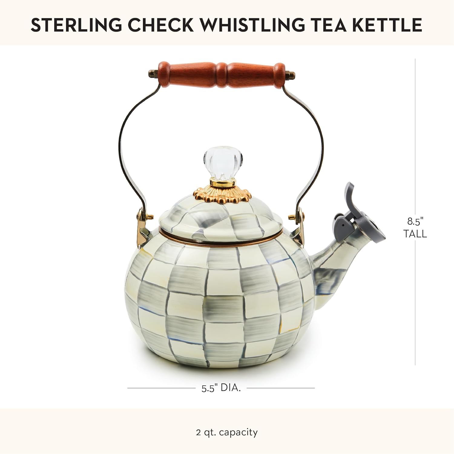 Mackenzie-Childs Enamel Whistling Tea Kettle Gray and White Sterling Check