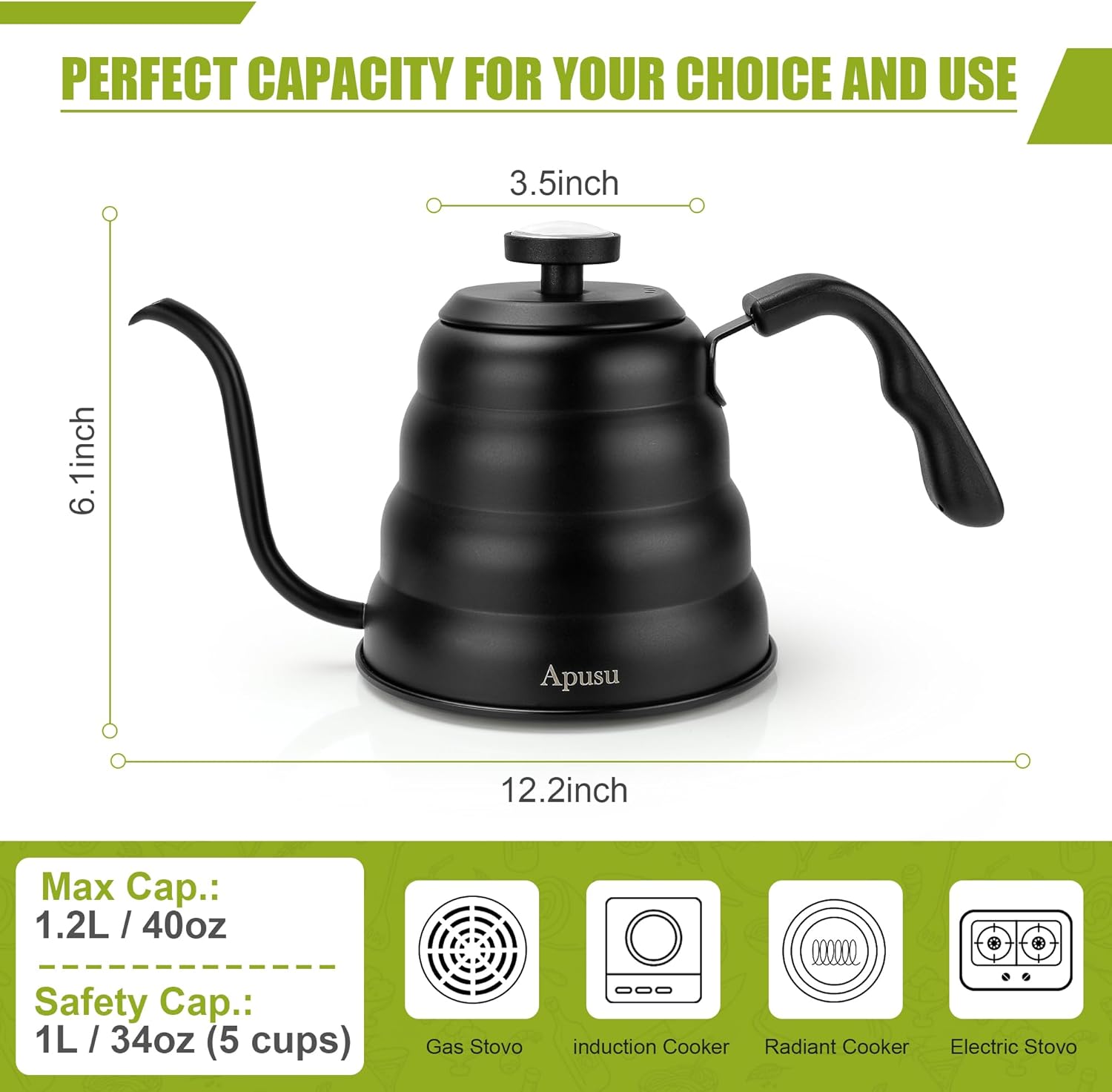 Apusu 40oz Gooseneck Tea Kettle with Thermometer
