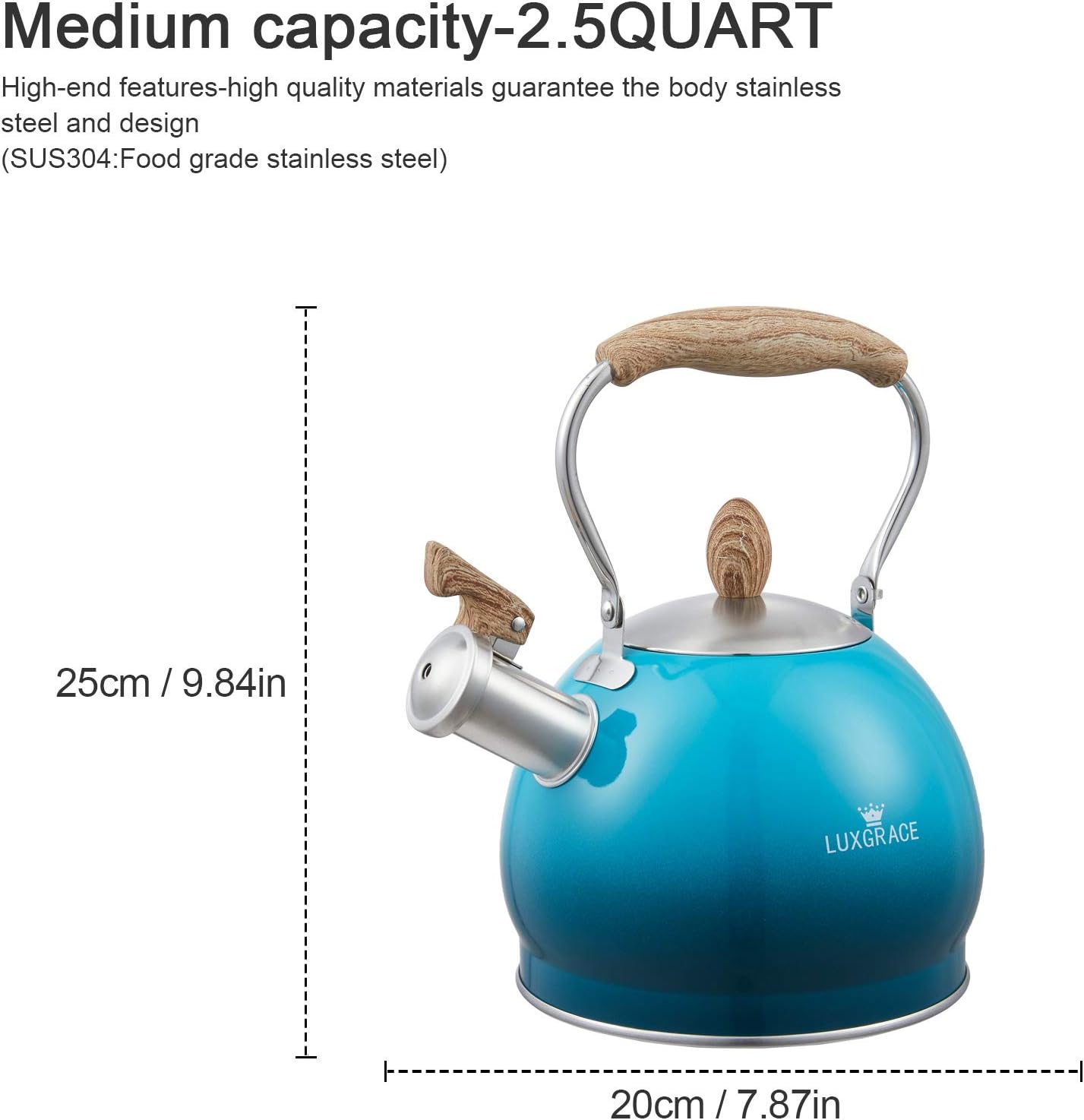 LUXGRACE 26 Qt Blue Whistling Tea Kettle with Aluminum Base