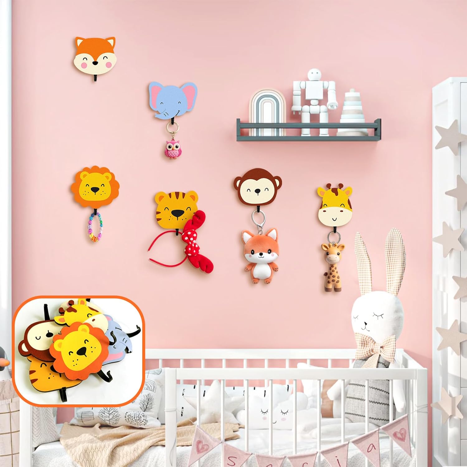 6Pcs Kids Safari Animal Coat Hooks for Wall
