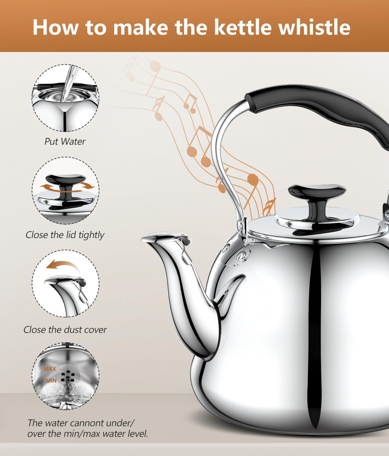 2L Whistling Stovetop Tea Kettle - Durable Stainless Steel with Anti-Scald Handle