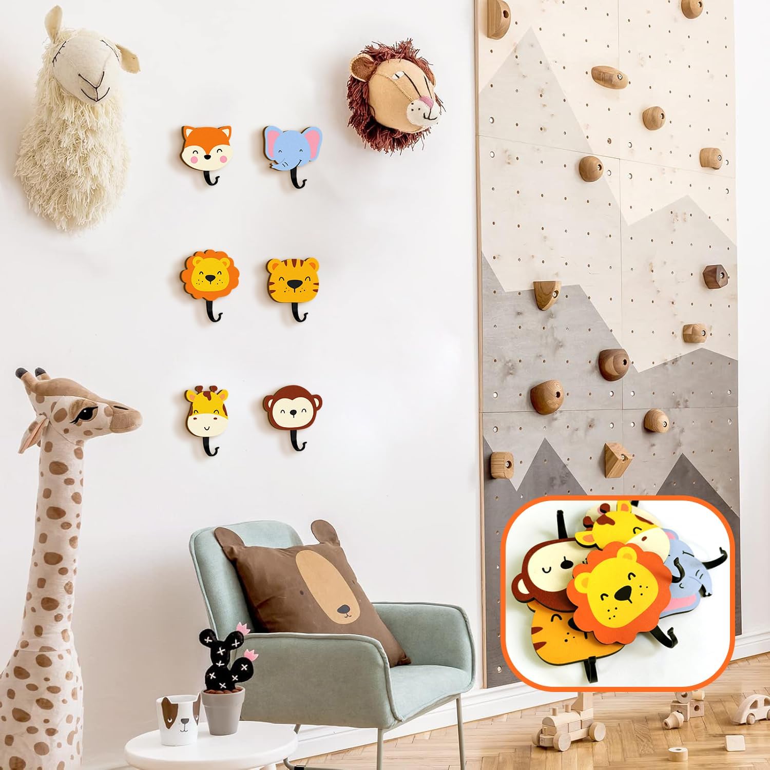 6Pcs Kids Safari Animal Coat Hooks for Wall