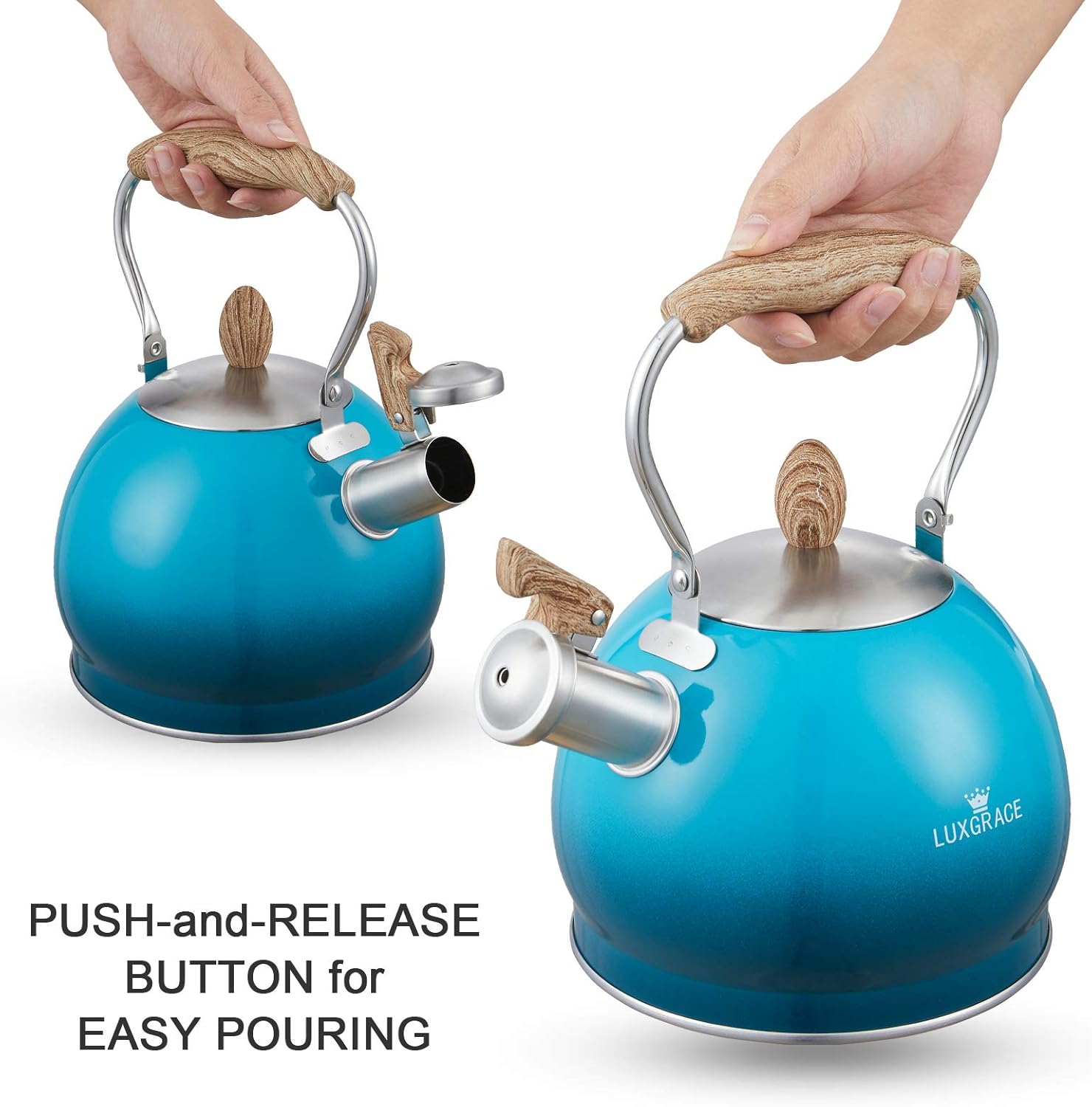 LUXGRACE 26 Qt Blue Whistling Tea Kettle with Aluminum Base