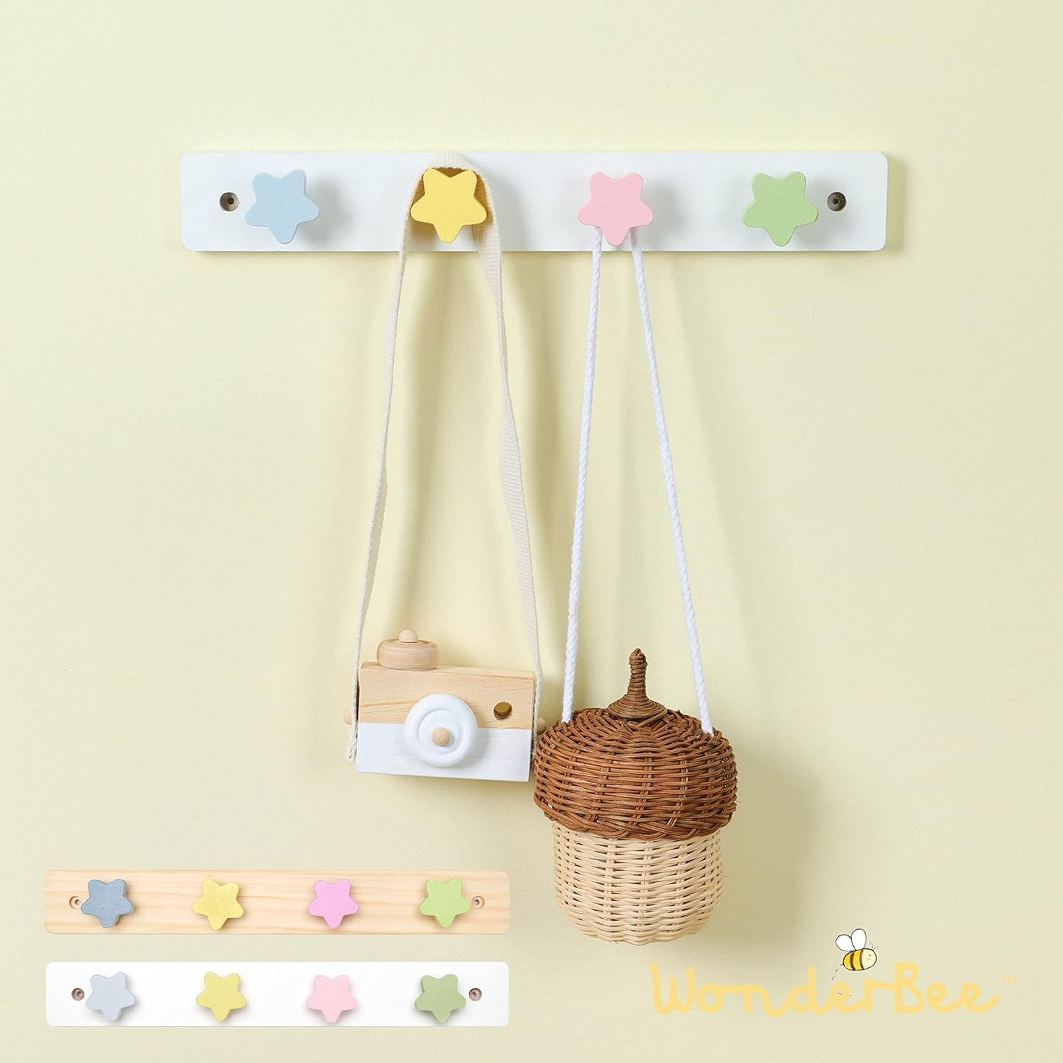 WonderBee Kids Coat Rack with 4 Star Hooks - White