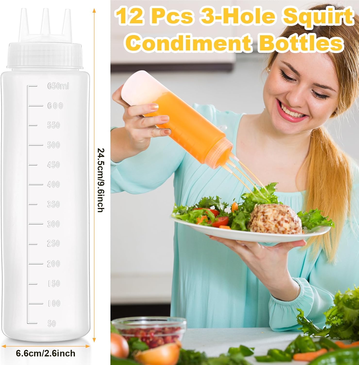 Maxdot 12 Pcs 24 Oz 3 Hole Squeeze Condiment Bottles