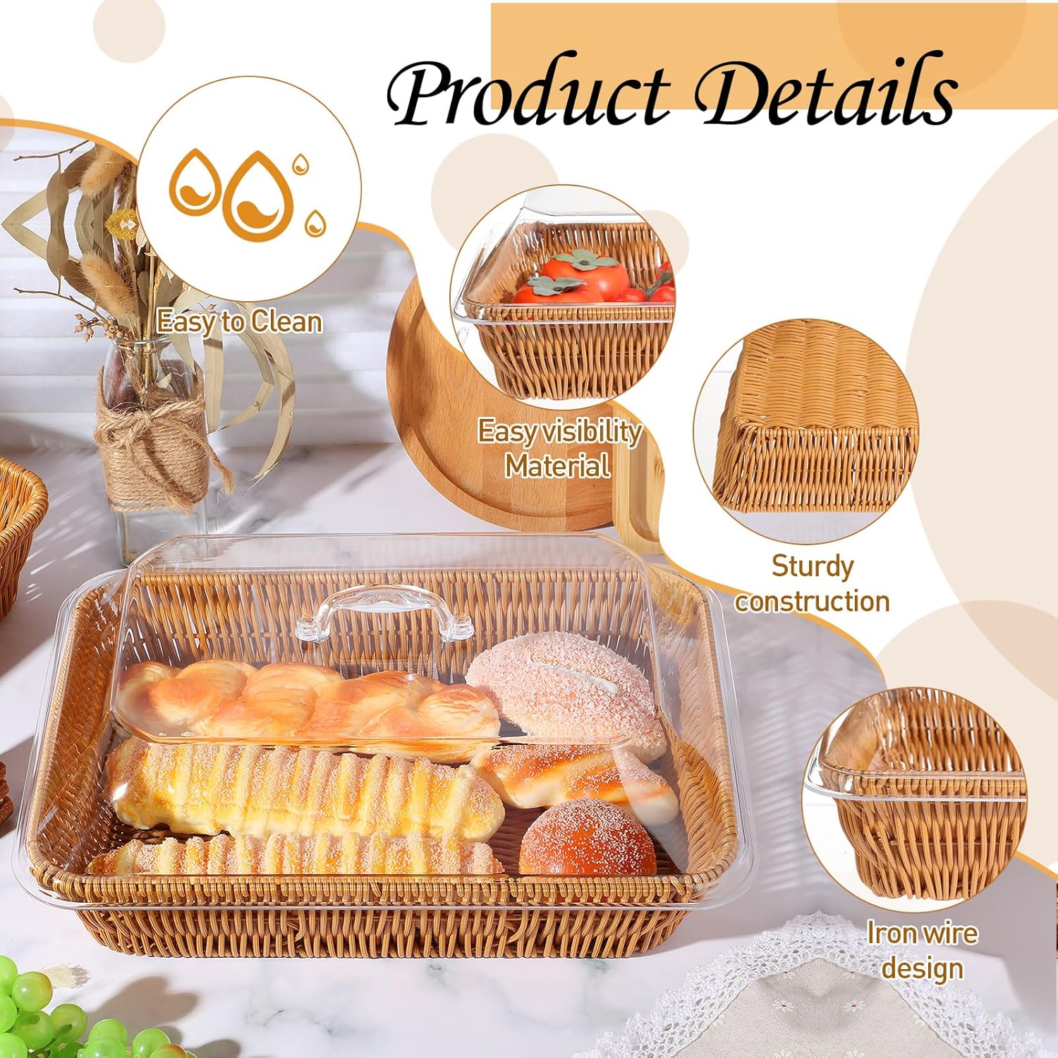 Ziliny 2 Piece Wicker Bread Baskets with Acrylic Lids