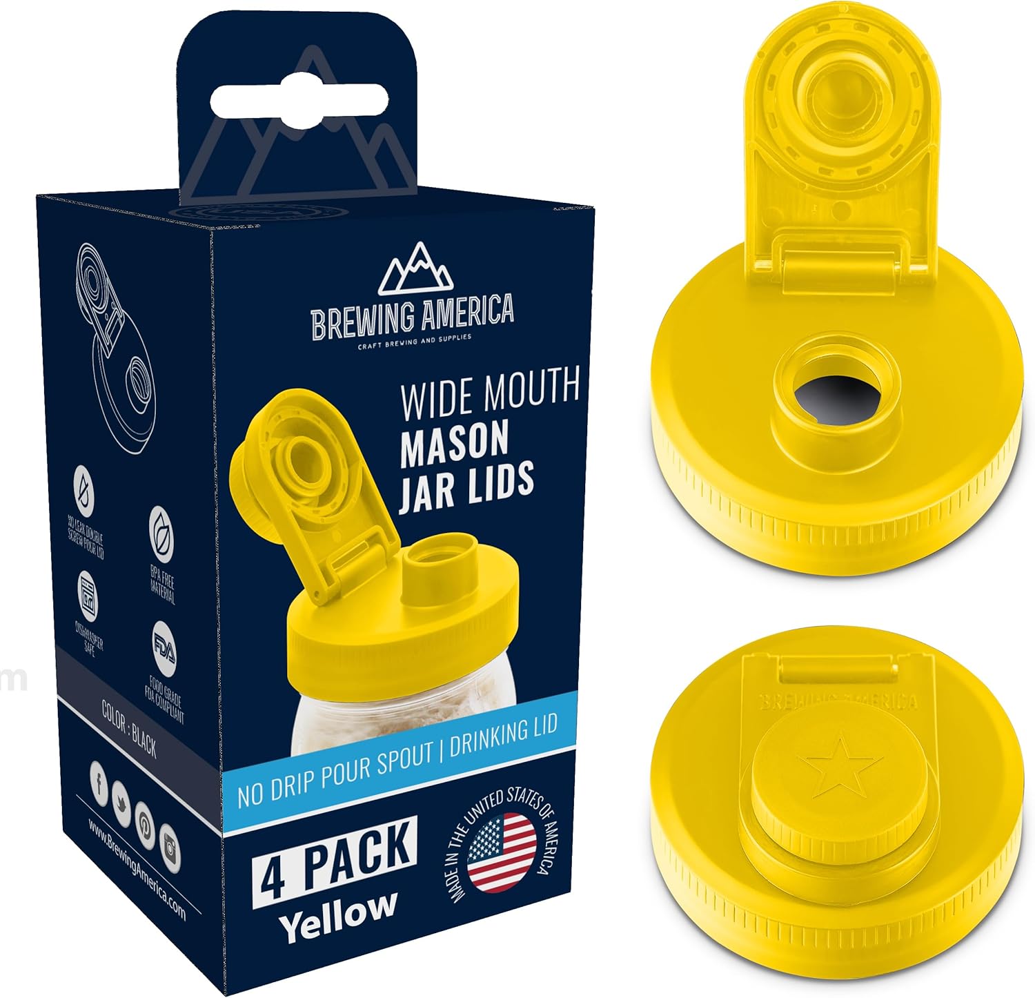 Mason Jar Lids Wide Mouth Plastic 4 Pack - Made in USA Yellow
