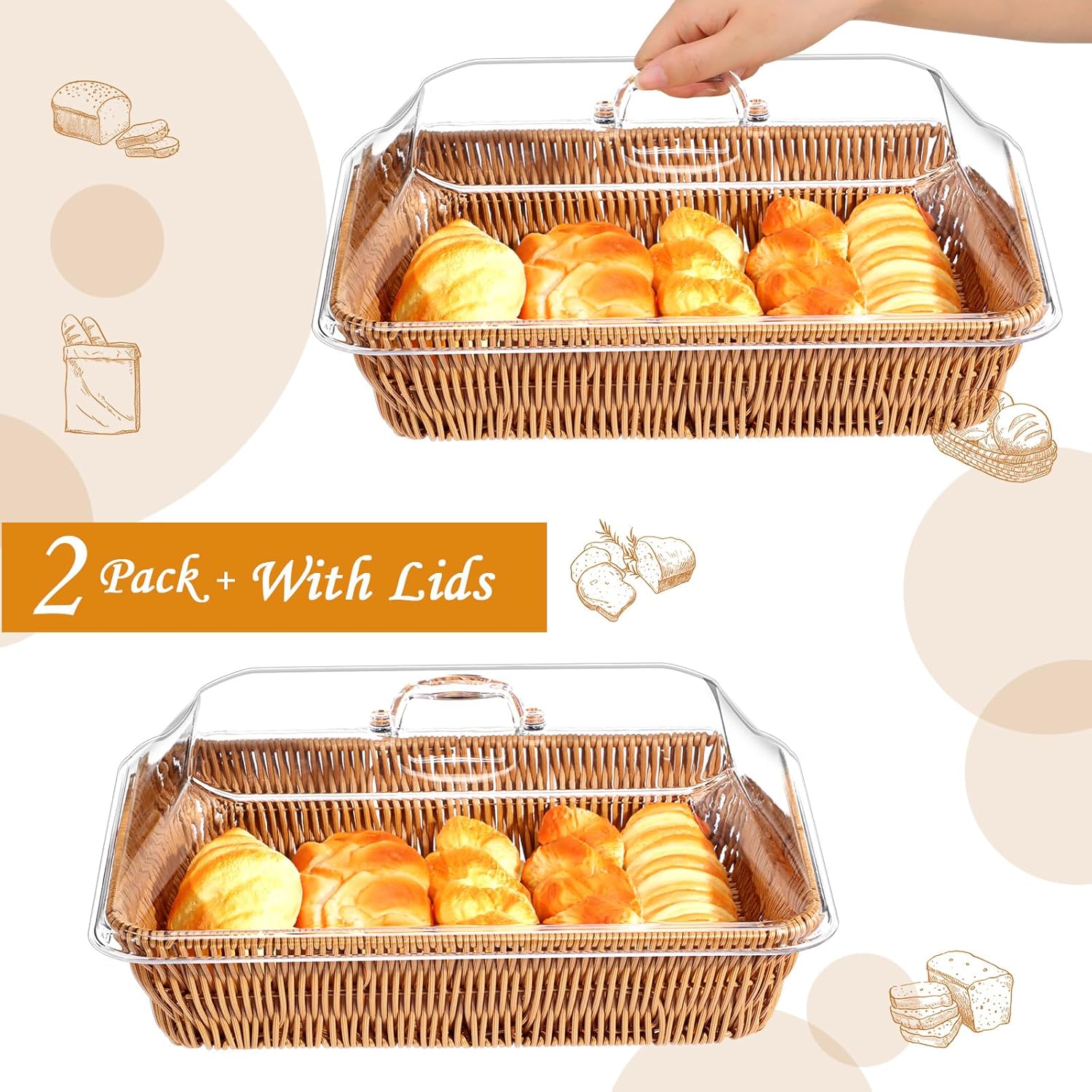 Ziliny 2 Piece Wicker Bread Baskets with Acrylic Lids