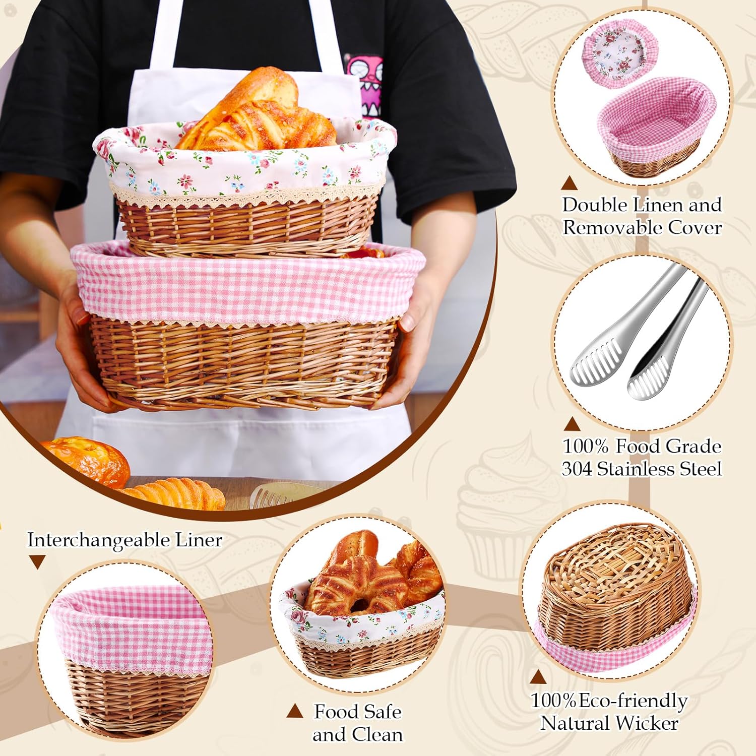 2 Pcs Wicker Bread Basket with Liner and Lid