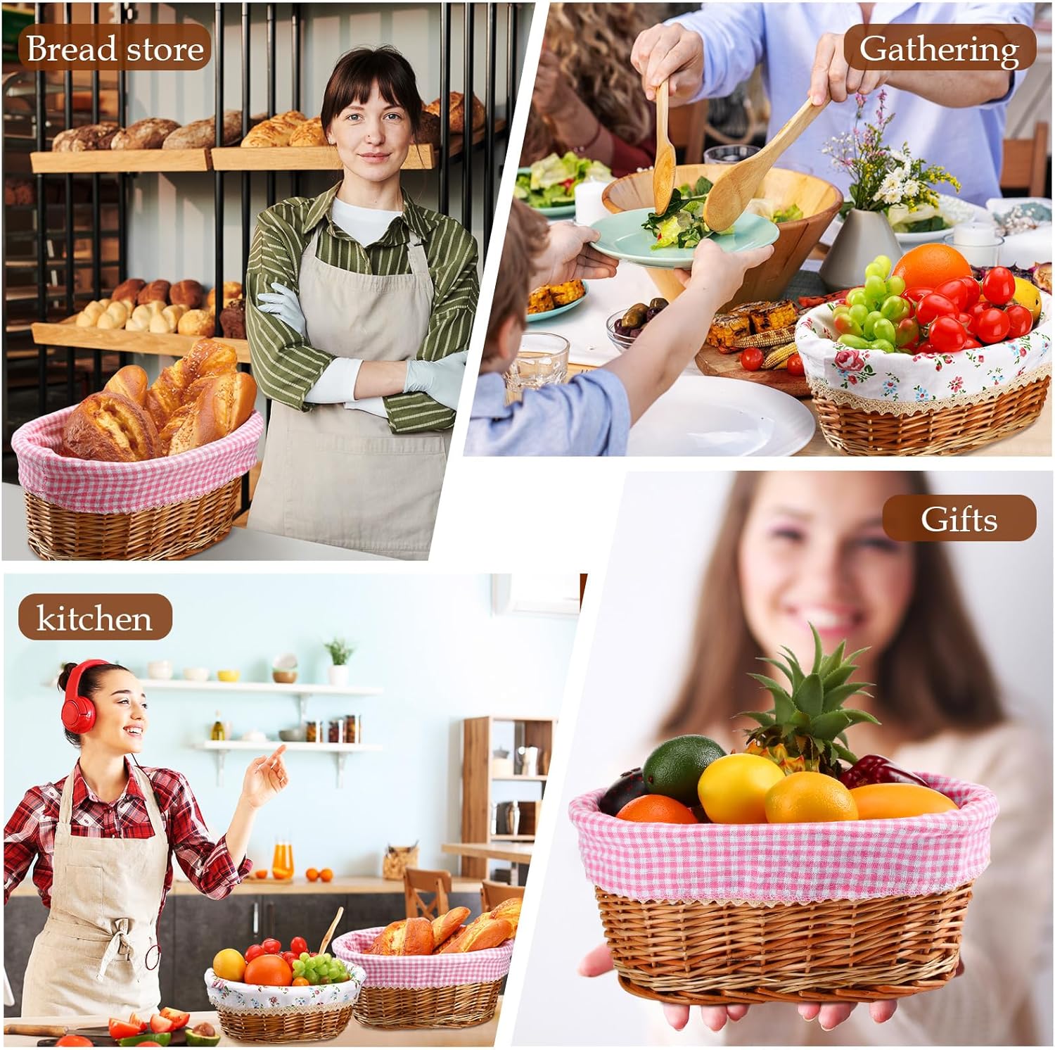 2 Pcs Wicker Bread Basket with Liner and Lid