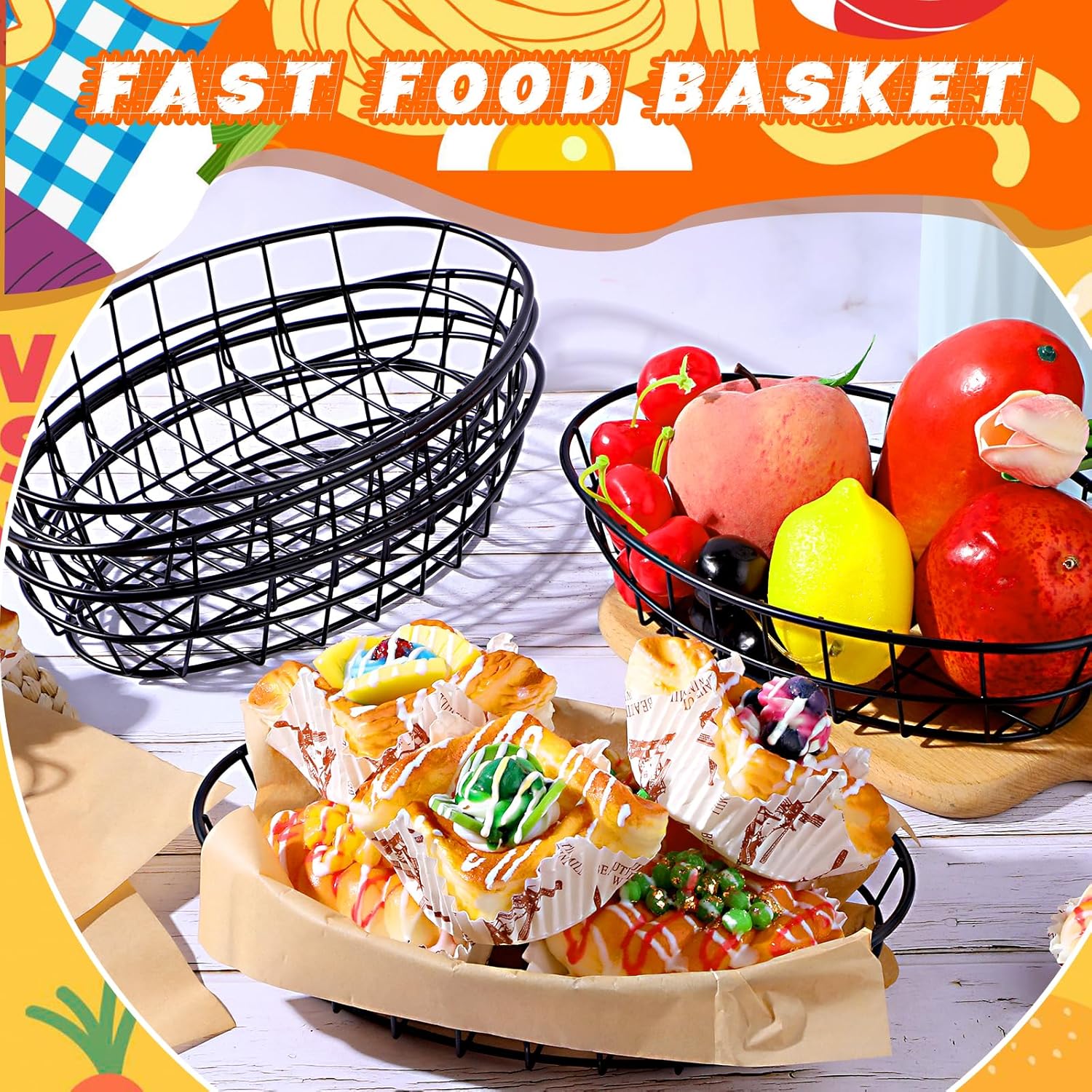 6 Pcs Metal Wire Bread Baskets with 100 Sheets Deli Wrappers