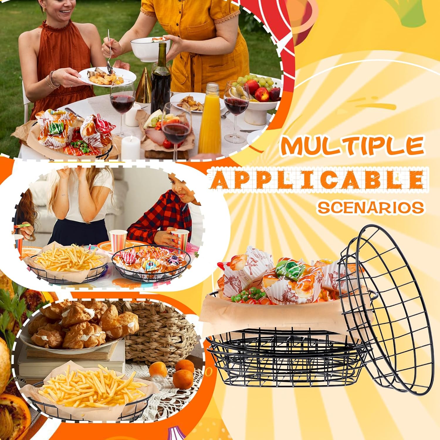 6 Pcs Metal Wire Bread Baskets with 100 Sheets Deli Wrappers
