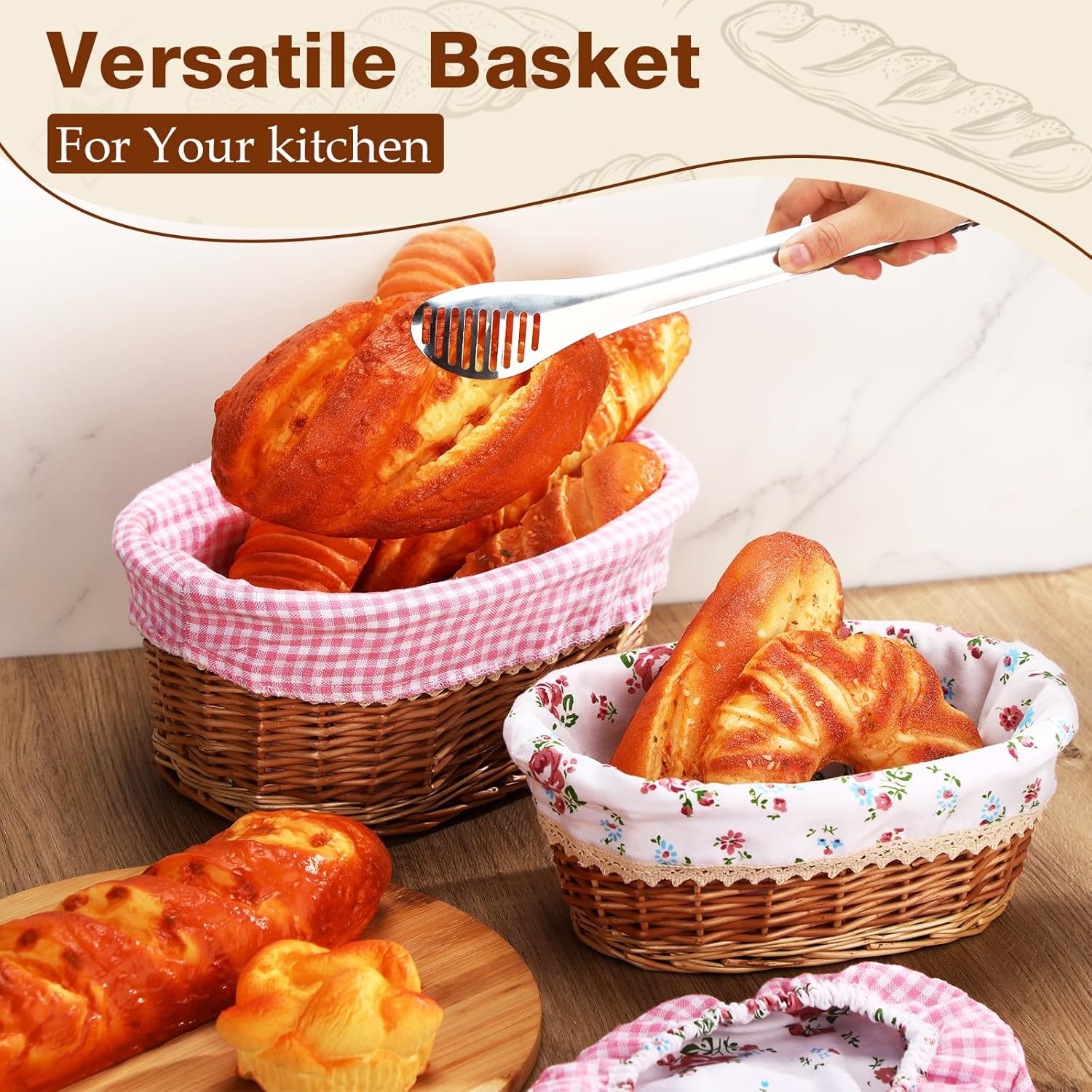 2 Pcs Wicker Bread Basket with Liner and Lid