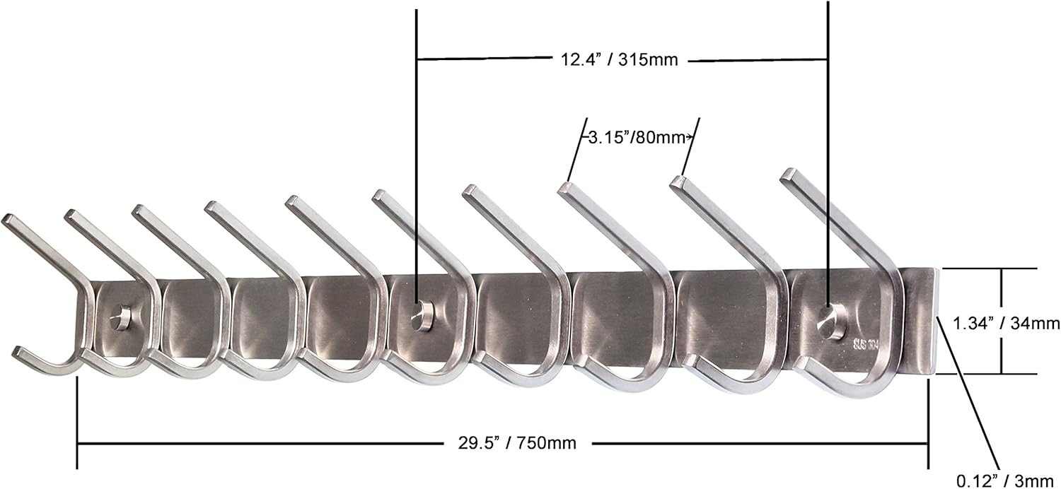 WEBI Wall Mount Coat Rack with 10 Hooks 30 Inch Stainless Steel 304