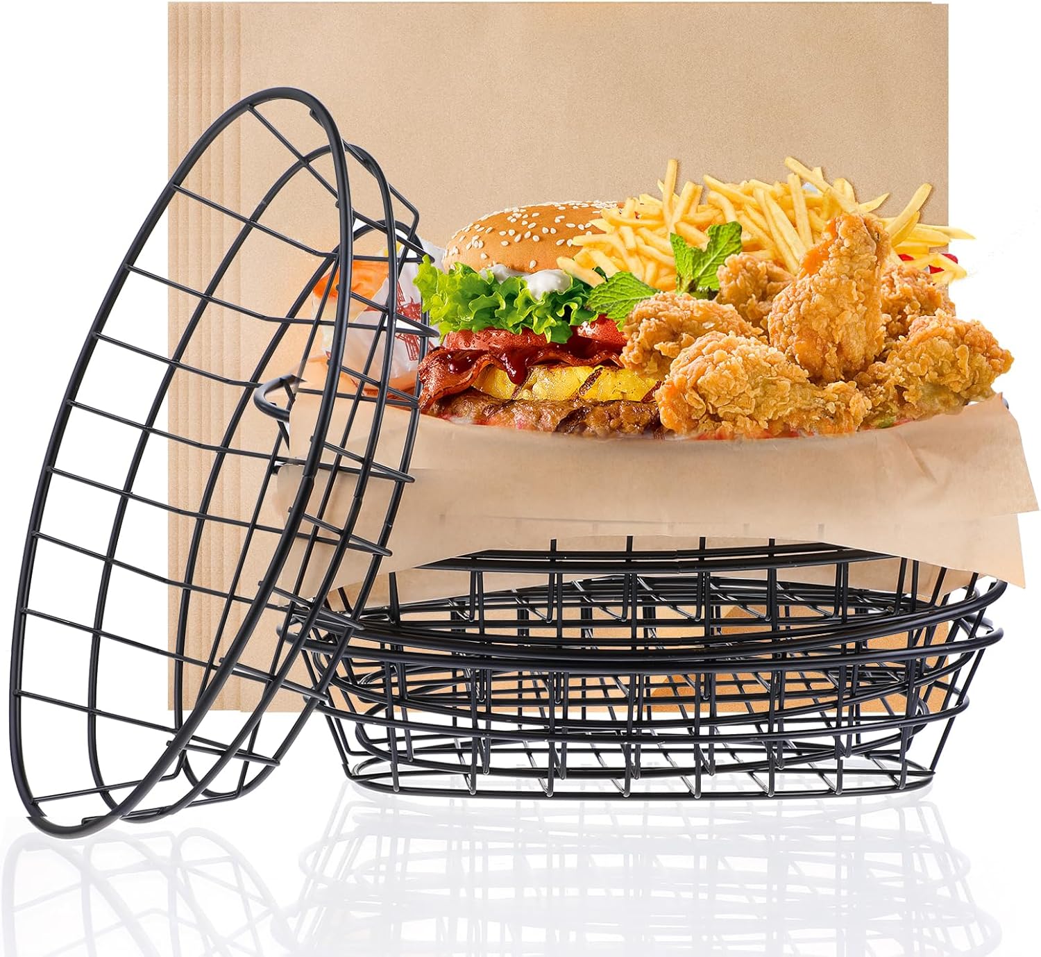 6 Pcs Metal Wire Bread Baskets with 100 Sheets Deli Wrappers