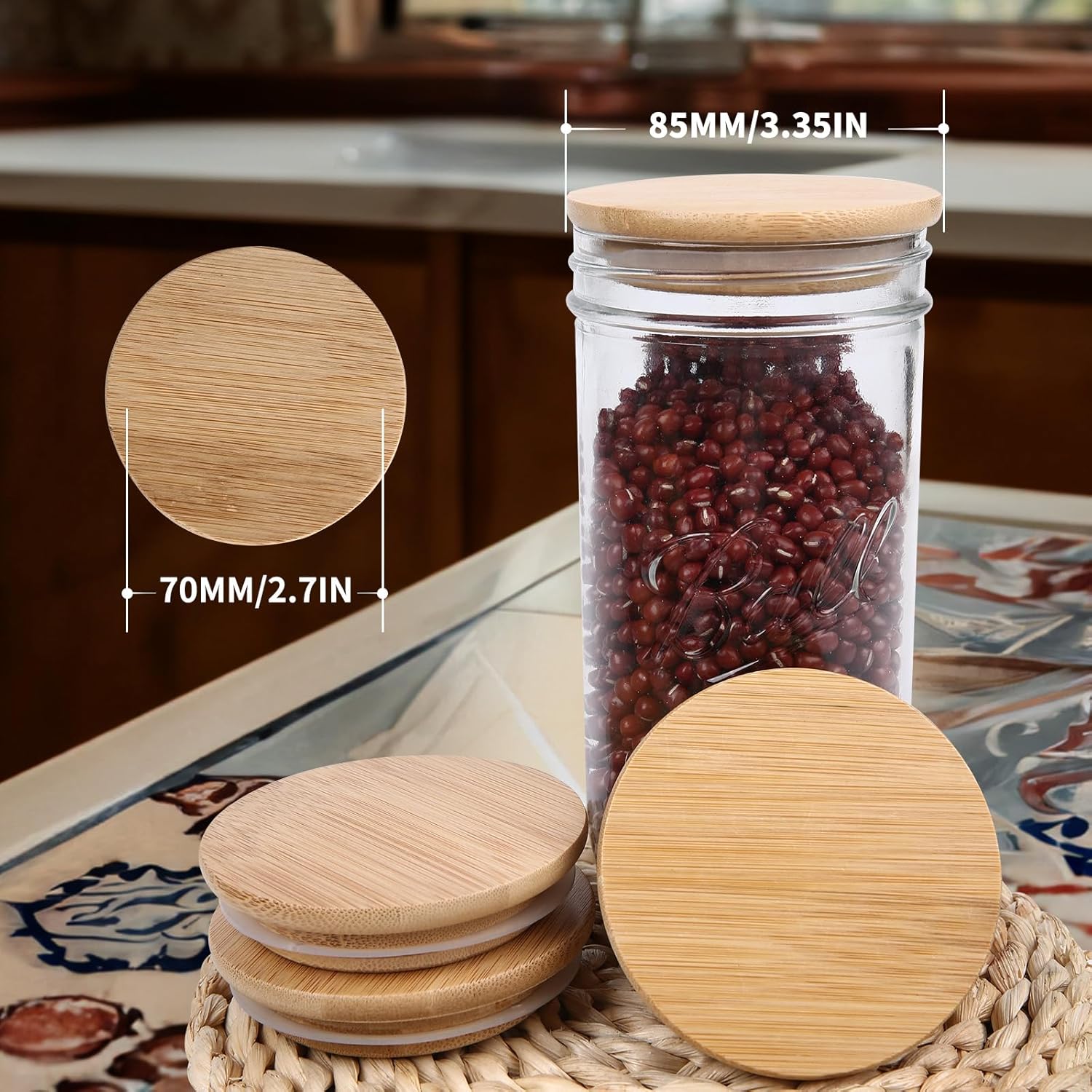 DingCo Reusable Mason Jar Lids Acacia Wood Silicone Sealing 8PCS Wide Mouth
