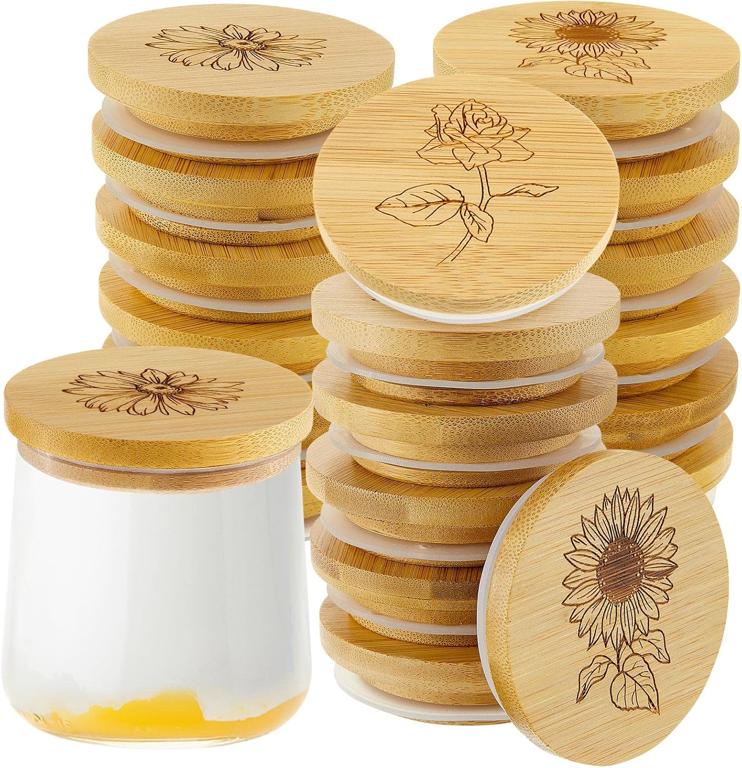 Gueevin 18-Piece Bamboo Yogurt Jar Lids with Silicone Seals