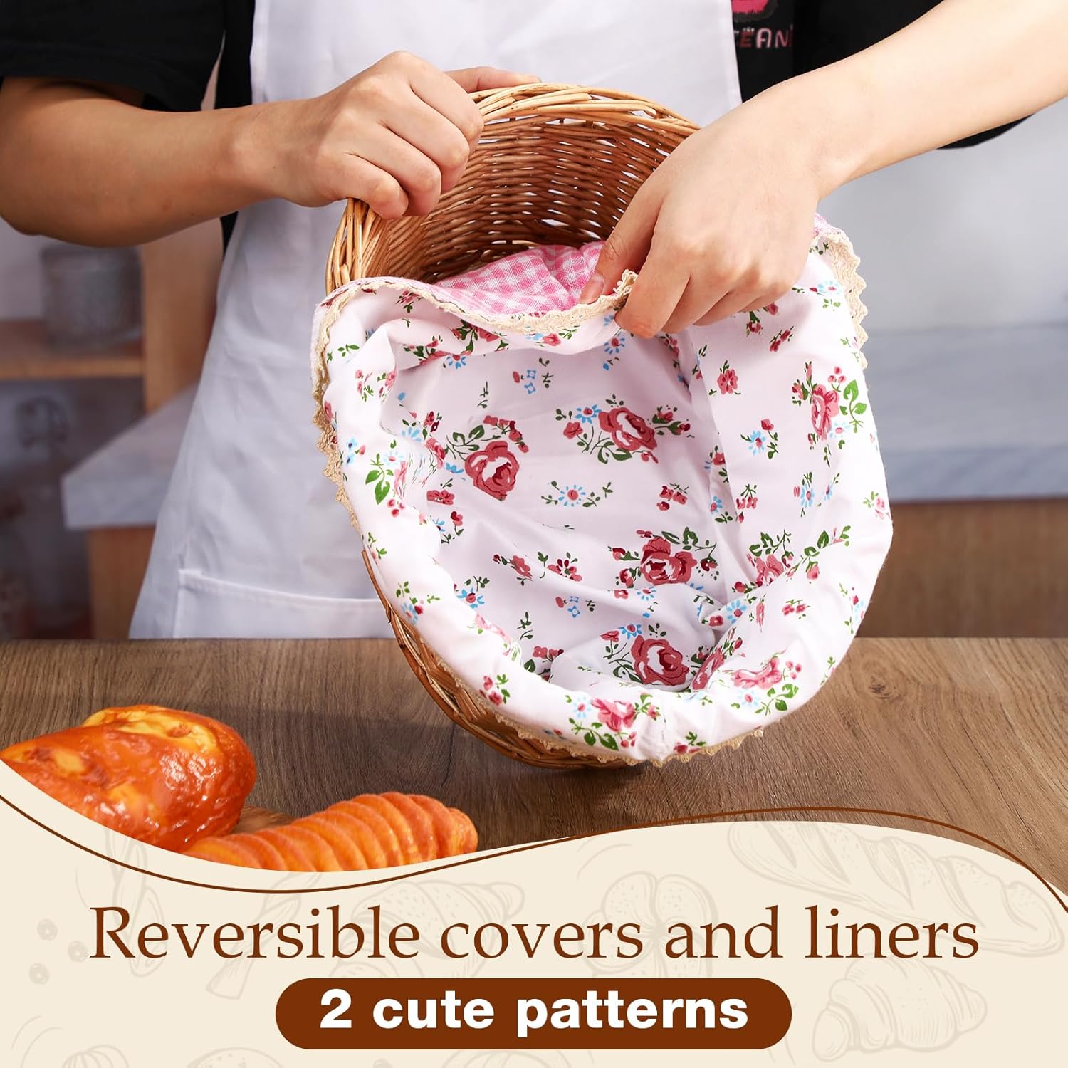 2 Pcs Wicker Bread Basket with Liner and Lid