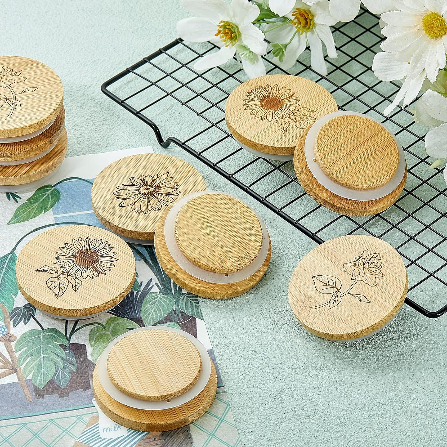 Gueevin 18-Piece Bamboo Yogurt Jar Lids with Silicone Seals